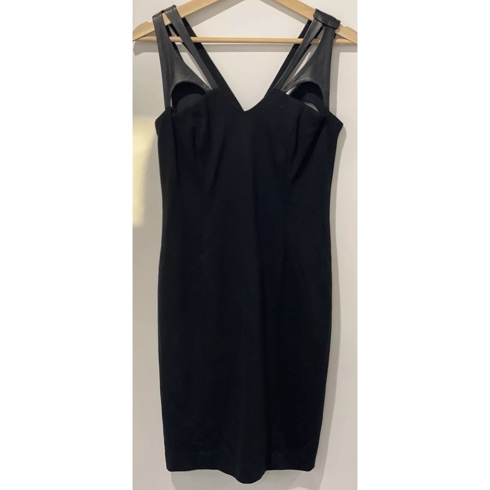 Cynthia Steffe Little Black Dress With Leather Straps Midi Bodycon Fitted Size 6